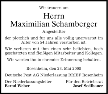 Todesanzeige von Maximilian Schamberger von MERKUR & TZ
