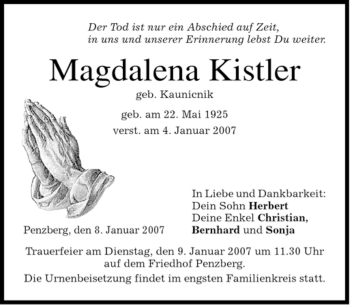 Todesanzeige von Magdalena Kistler von MERKUR & TZ