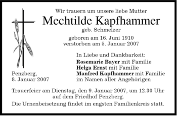 Todesanzeige von Mechtilde Kapfhammer von MERKUR & TZ
