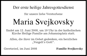 Todesanzeige von Maria Svejkovsky von MERKUR & TZ