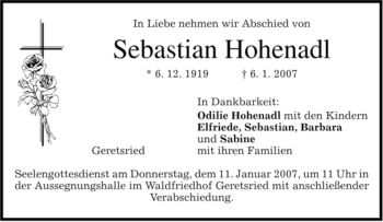 Todesanzeige von Sebastian Hohenadl von MERKUR & TZ