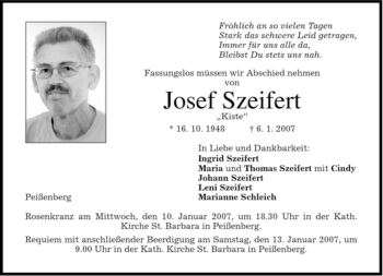 Todesanzeige von Josef Szeifert von MERKUR & TZ