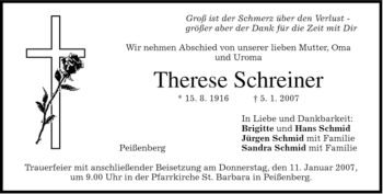 Todesanzeige von Therese Schreiner von MERKUR & TZ