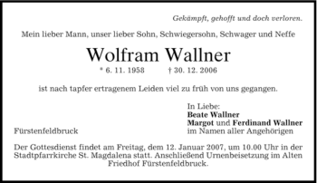 Todesanzeige von Wolfram Wallner von MERKUR & TZ