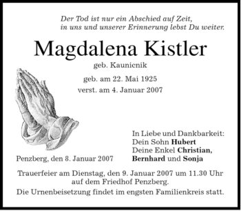 Todesanzeige von Magdalena Kistler von MERKUR & TZ