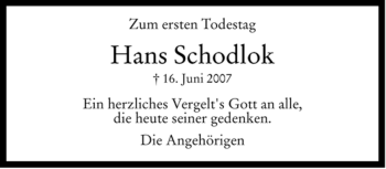 Todesanzeige von Hans Schodlok von MERKUR & TZ