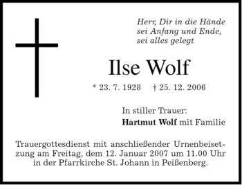 Todesanzeige von Ilse Wolf von MERKUR & TZ