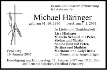 Todesanzeige von Michael Häringer von MERKUR & TZ