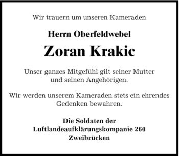 Todesanzeige von Zoran Krakic von MERKUR & TZ