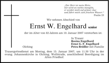 Todesanzeige von Ernst W. Engelhard sen. von MERKUR & TZ