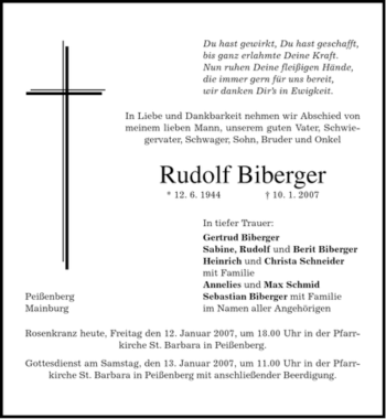 Todesanzeige von Rudolf Biberger von MERKUR & TZ