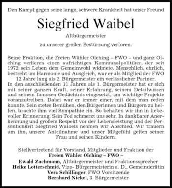 Todesanzeige von Siegfried Waibel von MERKUR & TZ