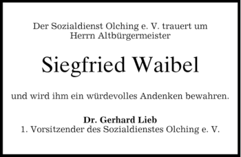 Todesanzeige von Siegfried Waibel von MERKUR & TZ