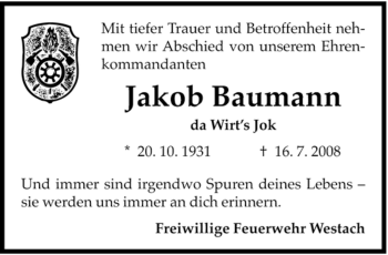 Todesanzeige von Jakob Baumann von MERKUR & TZ