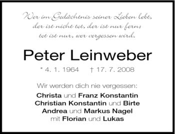 Todesanzeige von Peter Leinweber von MERKUR & TZ