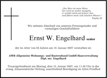 Todesanzeige von Ernst W. Engelhard sen. von DORFENER NACHRICHTEN