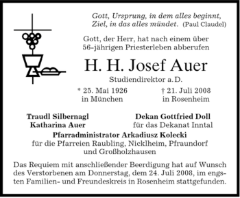 Todesanzeige von Josef Auer von MERKUR & TZ