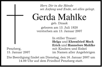 Todesanzeige von Gerda Mahlke von MERKUR & TZ