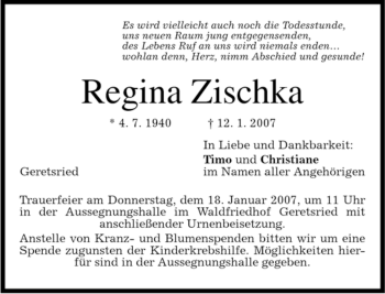 Todesanzeige von Regina Zischka von MERKUR & TZ