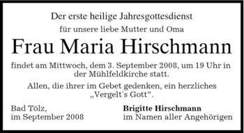 Todesanzeige von Maria Hirschmann von MERKUR & TZ