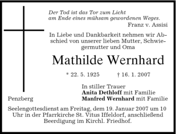 Todesanzeige von Mathilde Wernhard von MERKUR & TZ