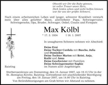 Todesanzeige von Max Kölbl von MERKUR & TZ