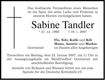 Todesanzeige von Sabine Tandler von MERKUR & TZ