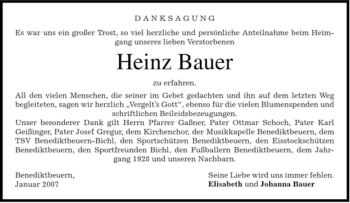 Todesanzeige von Heinz Bauer von MERKUR & TZ