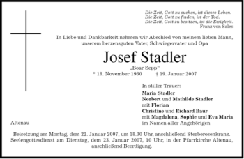 Todesanzeige von Josef Stadler von MERKUR & TZ