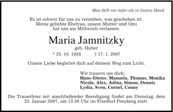 Todesanzeige von Maria Jamnitzy von DORFENER NACHRICHTEN