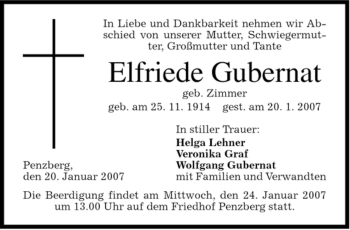 Todesanzeige von Elfriede Gubernat von MERKUR & TZ