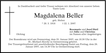 Todesanzeige von Magdalena Beller von MERKUR & TZ