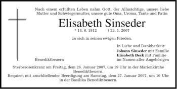 Todesanzeige von Elisabeth Sinseder von MERKUR & TZ