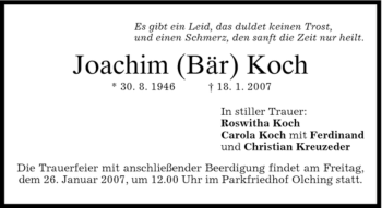 Todesanzeige von Joachim Koch von HOLZKIRCHENER MERKUR