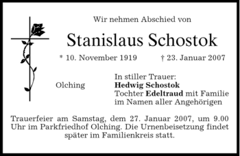 Todesanzeige von Stanislaus Schostok von MERKUR & TZ