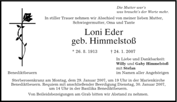 Todesanzeige von Loni Eder von MERKUR & TZ