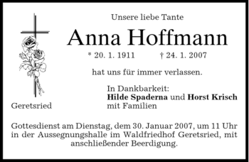 Todesanzeige von Anna Hoffmann von MERKUR & TZ