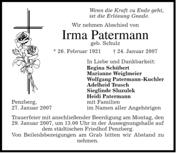 Todesanzeige von Irma Patermann von MERKUR & TZ