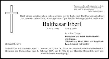 Todesanzeige von Balthasar Eberl von MERKUR & TZ