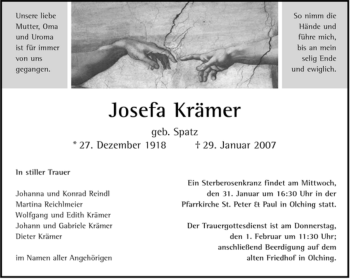 Todesanzeige von Josefa Krämer von MERKUR & TZ