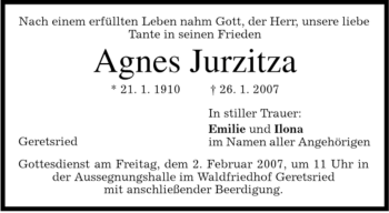 Todesanzeige von Agnes Jurzitza von MERKUR & TZ