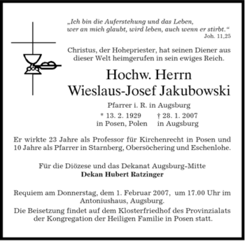 Todesanzeige von Wieslaus-Josef Jakubowski von DORFENER NACHRICHTEN