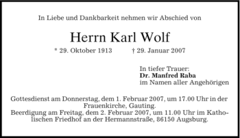 Todesanzeige von Karl Wolf von DORFENER NACHRICHTEN
