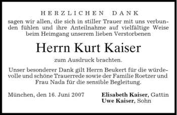 Todesanzeige von Kurt Kaiser von DORFENER NACHRICHTEN