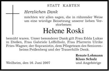 Todesanzeige von Helene Roski von MERKUR & TZ