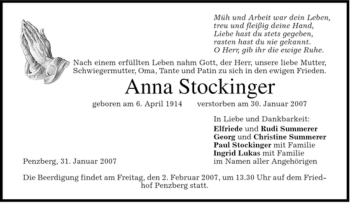 Todesanzeige von Anna Stockinger von MERKUR & TZ