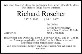 Todesanzeige von Richard Roscher von MERKUR & TZ