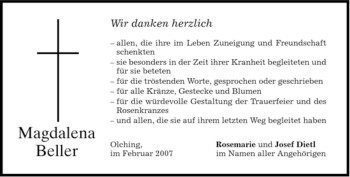Todesanzeige von Magdalena Beller von MERKUR & TZ