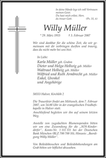 Todesanzeige von Willy Müller von MERKUR & TZ