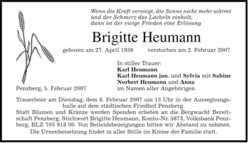 Todesanzeige von Brigitte Heumann von MERKUR & TZ